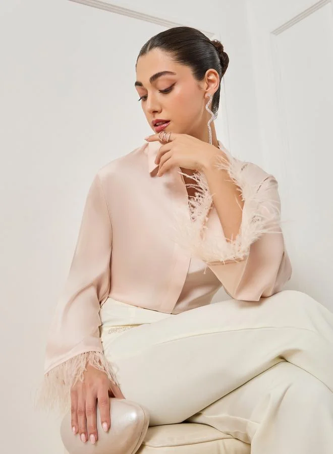 Women Cream Satin Shirt with Feathered Trims