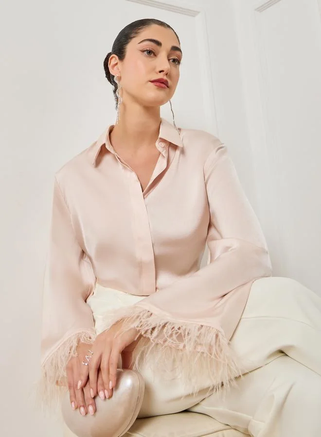 Styli  Women Cream Satin Shirt with Feathered Trims for Women | Best Price UAE