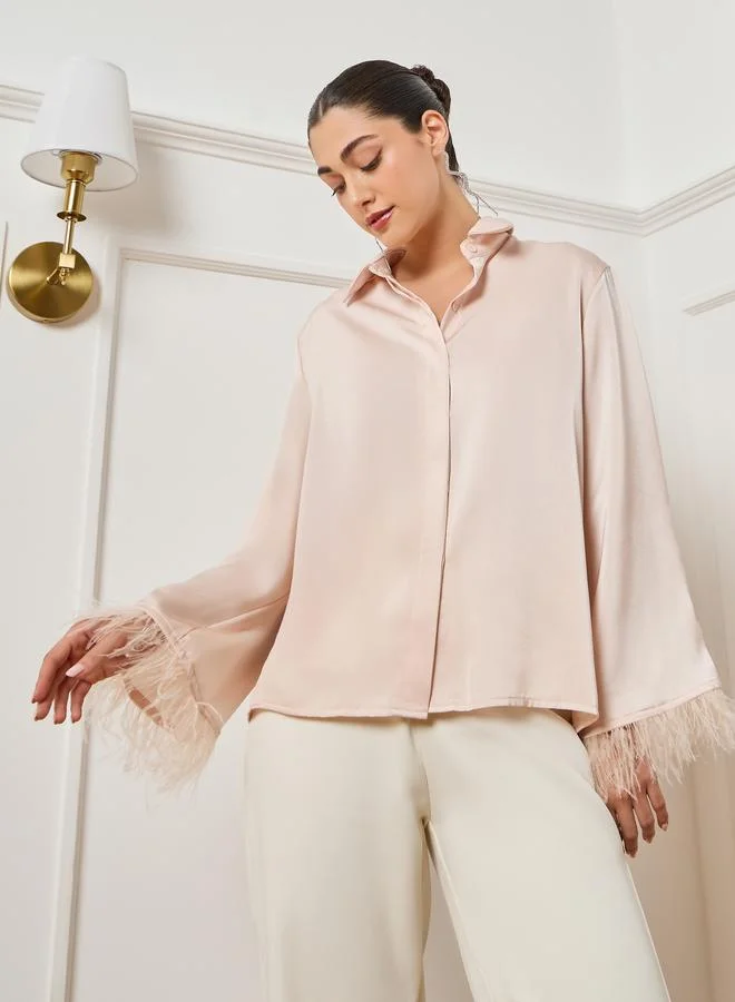Styli  Women Cream Satin Shirt with Feathered Trims for Women | Best Price UAE