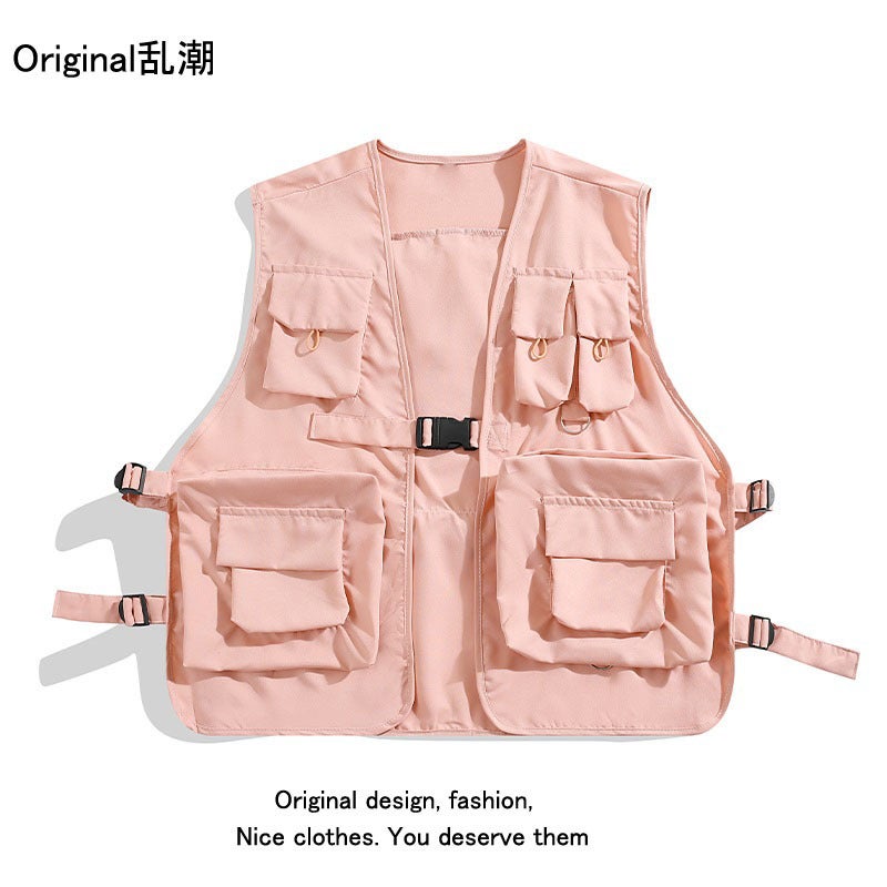 Japanese Style Trendy Brand Ins Rap Function Tactical Vest Multi-Pocket Workwear Vest Waistcoat Pink Jacket for Men and Women Pink [shooting exposure, the vest is pink]