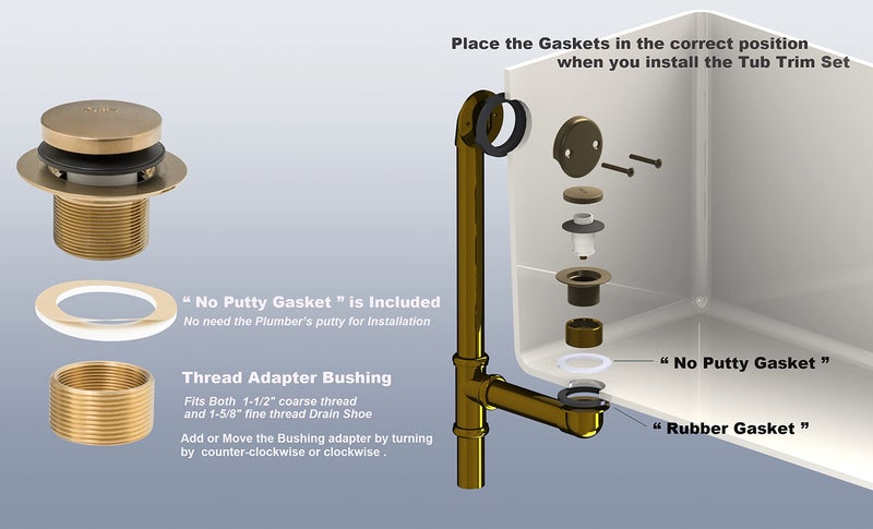 Artiwell Tip-Toe Tub Trim Set with Two-Hole Overflow Faceplate and No Plumber’s Gasket, Replacement Bath Drain Trim Kit with Universal Fine/Coarse Thread, No Putty Installation by Artiwell (Champagne Bronze) - Image 5