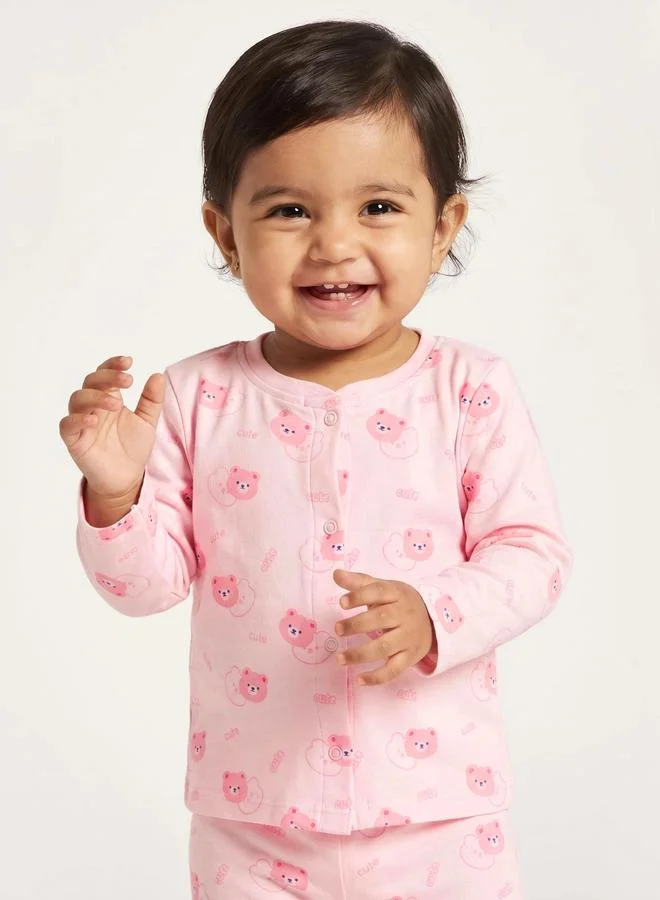 ستايلي Baby Girls Bear Print Cotton Top and Pyjama Set
