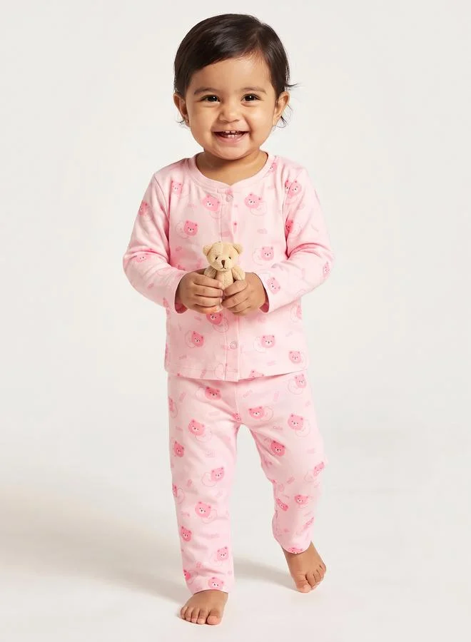 ستايلي Baby Girls Bear Print Cotton Top and Pyjama Set
