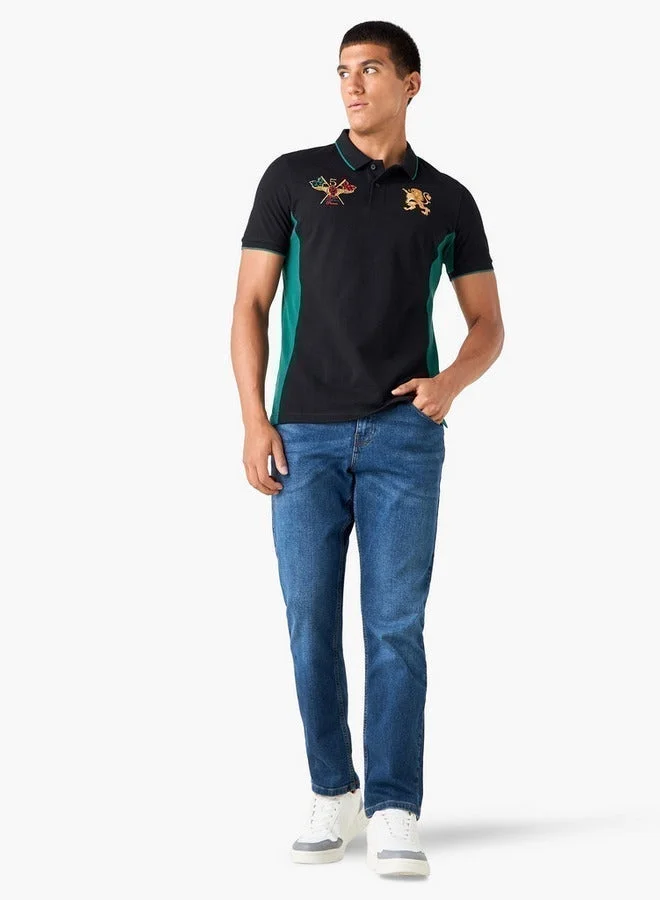 Splash FAV Colourblock Polo T-shirt with Embroidered Detail and Short Sleeves