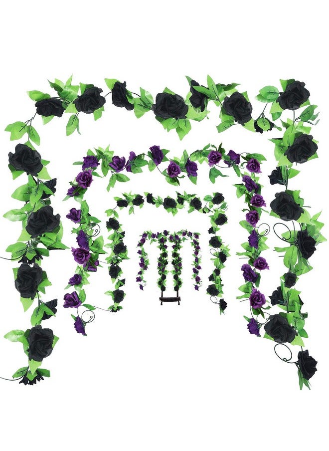 WILLBOND WILLBOND 4 Pieces 7.7 Feet Fake Rose Vine Artificial Vine with Flowers Rose Garland Vintage Faux Flowers Decorations for Home Wedding Party Garden Hotel Office Decor (Black and Purple)  - Image 1