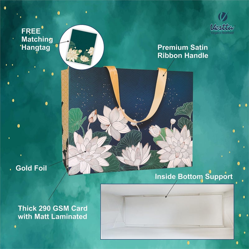VESTTA -ELEGANCE REDEFINED VESTTA -ELEGANCE REDEFINED Gift bags, Large, 13 (L) x 5.5 (B) x 10 (H) Inches, Vintage Lotus Print, Matt Finish, Gold Stamping for All Celebrations, with Gift Tags-Premium Collection, 5 COUNT  - Image 5