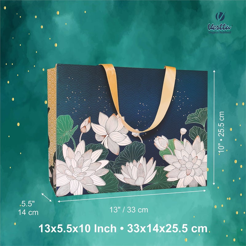 VESTTA -ELEGANCE REDEFINED VESTTA -ELEGANCE REDEFINED Gift bags, Large, 13 (L) x 5.5 (B) x 10 (H) Inches, Vintage Lotus Print, Matt Finish, Gold Stamping for All Celebrations, with Gift Tags-Premium Collection, 5 COUNT  - Image 4