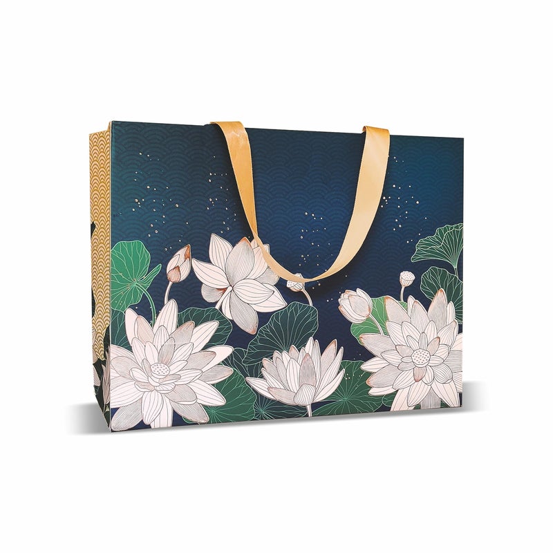 VESTTA -ELEGANCE REDEFINED VESTTA -ELEGANCE REDEFINED Gift bags, Large, 13 (L) x 5.5 (B) x 10 (H) Inches, Vintage Lotus Print, Matt Finish, Gold Stamping for All Celebrations, with Gift Tags-Premium Collection, 5 COUNT  - Image 1