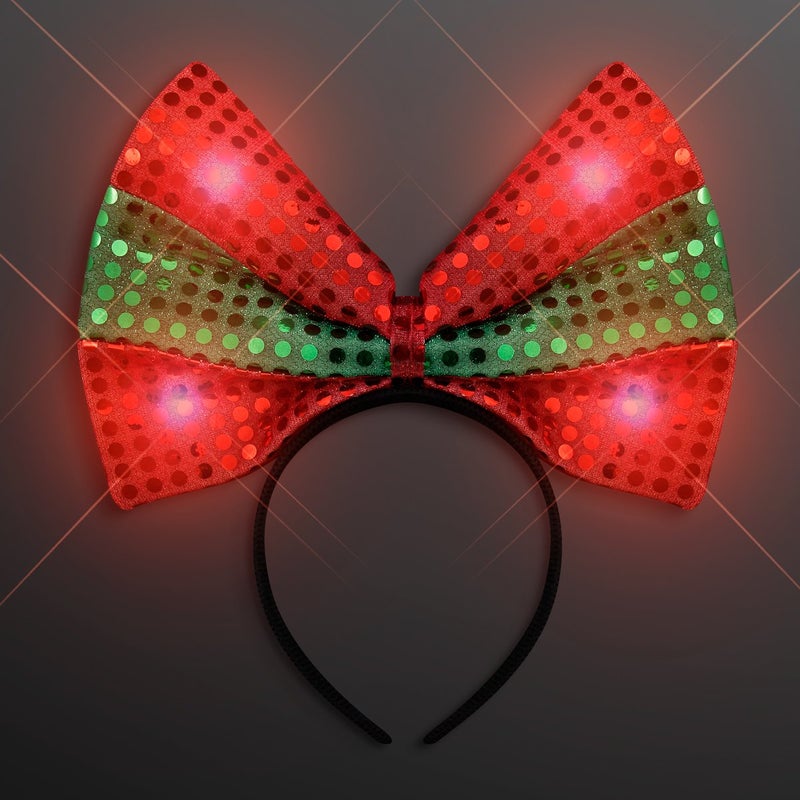 FlashingBlinkyLights Sequin Light Up Green & Red Christmas Bow Headband - Image 1