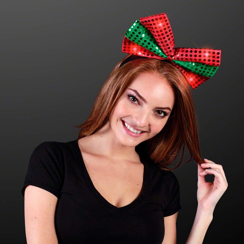 FlashingBlinkyLights Sequin Light Up Green & Red Christmas Bow Headband - Image 2