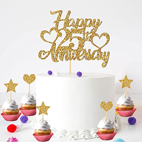 Festiko Gold Glitter 25th Anniversary Cake Topper Set - 6 Pieces, Includes Large Topper, 5 Small Toppers, Viscose, Wooden Sticks - Shiny Tin Foil, Perfect for 25th Birthday Parties - Image 5