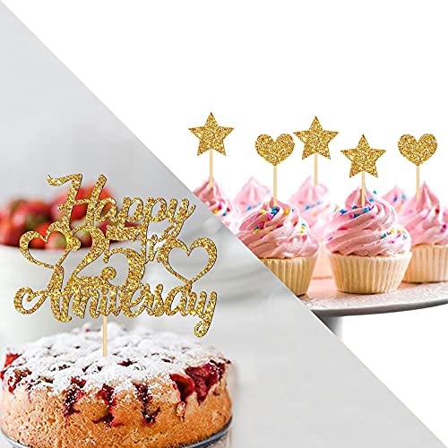 Festiko Gold Glitter 25th Anniversary Cake Topper Set - 6 Pieces, Includes Large Topper, 5 Small Toppers, Viscose, Wooden Sticks - Shiny Tin Foil, Perfect for 25th Birthday Parties - Image 3