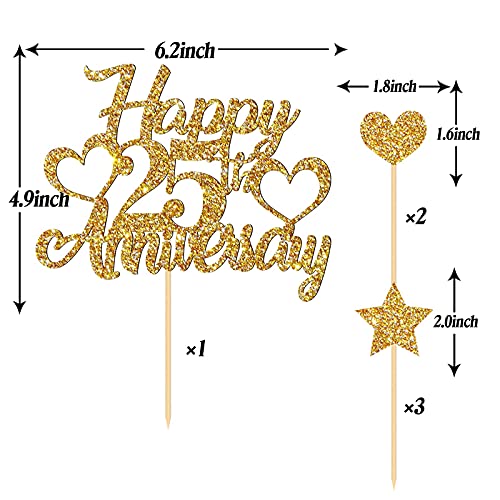 Festiko Gold Glitter 25th Anniversary Cake Topper Set - 6 Pieces, Includes Large Topper, 5 Small Toppers, Viscose, Wooden Sticks - Shiny Tin Foil, Perfect for 25th Birthday Parties - Image 2