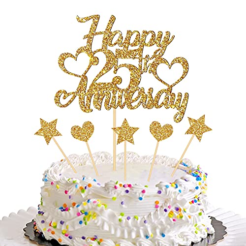 Festiko Gold Glitter 25th Anniversary Cake Topper Set - 6 Pieces, Includes Large Topper, 5 Small Toppers, Viscose, Wooden Sticks - Shiny Tin Foil, Perfect for 25th Birthday Parties - Image 1