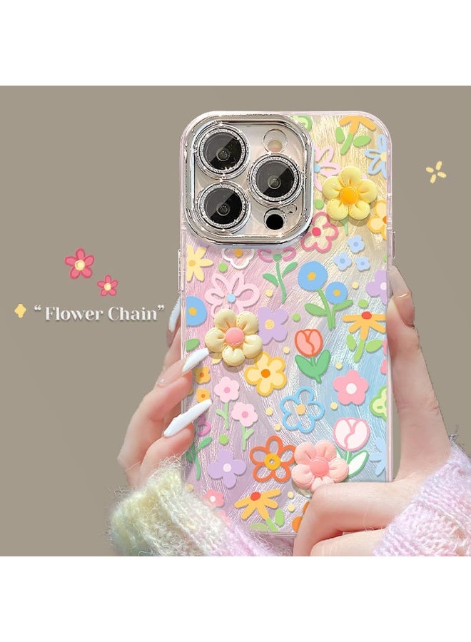 iPhone 15 Pro Max Glitter Bling Case,Cute 3D Resin Flower with Lanyard Wrist Strap Women Girl IPhone Case (Silvery, 15 Pro Max) - Image 1