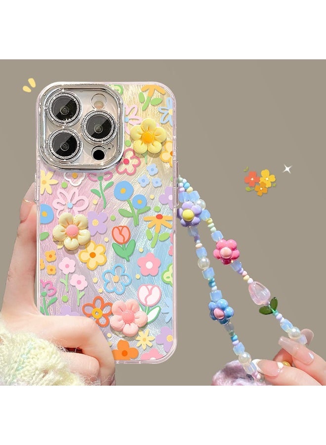 iPhone 15 Pro Max Glitter Bling Case,Cute 3D Resin Flower with Lanyard Wrist Strap Women Girl IPhone Case (Silvery, 15 Pro Max) - Image 3