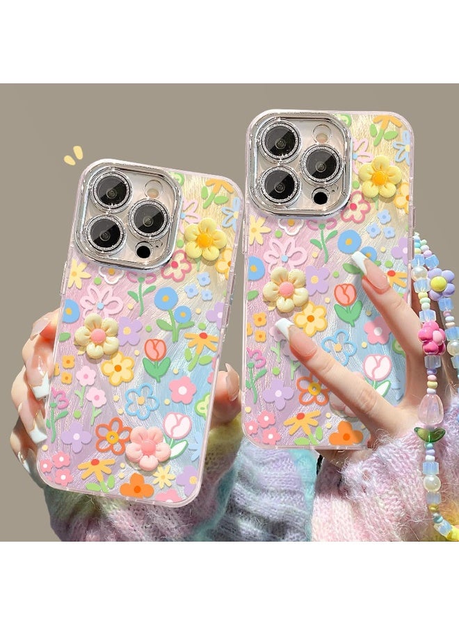 iPhone 15 Pro Max Glitter Bling Case,Cute 3D Resin Flower with Lanyard Wrist Strap Women Girl IPhone Case (Silvery, 15 Pro Max) - Image 4