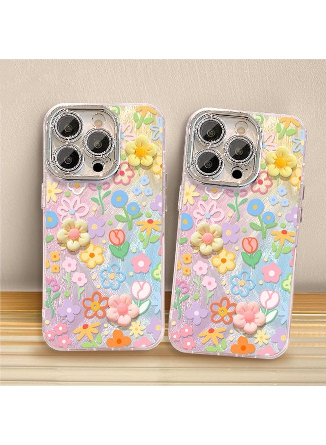 iPhone 15 Pro Max Glitter Bling Case,Cute 3D Resin Flower with Lanyard Wrist Strap Women Girl IPhone Case (Silvery, 15 Pro Max) - Image 2