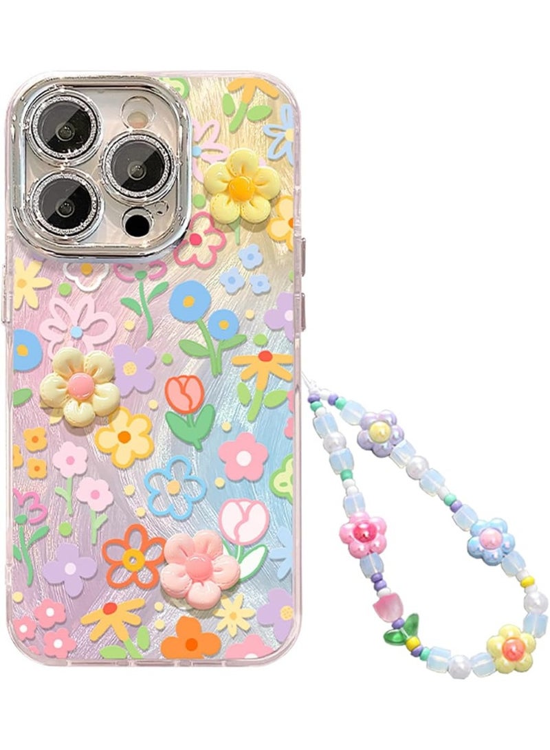 iPhone 15 Pro Max Glitter Bling Case,Cute 3D Resin Flower with Lanyard Wrist Strap Women Girl IPhone Case (Silvery, 15 Pro Max) - Image 5