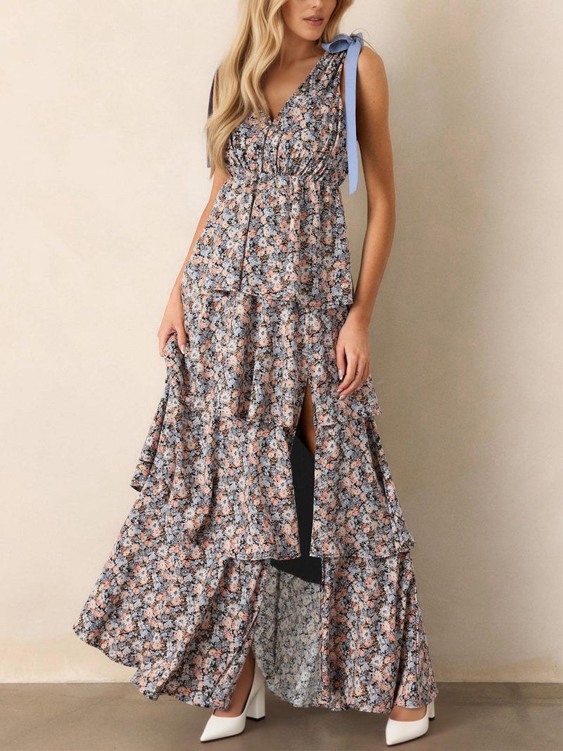 Wenrine Womens Summer Boho Floral Maxi Dress Tie Strap Sleeveless V Neck High Slit Ruffle Tiered Beach Dresses Black - Image 3