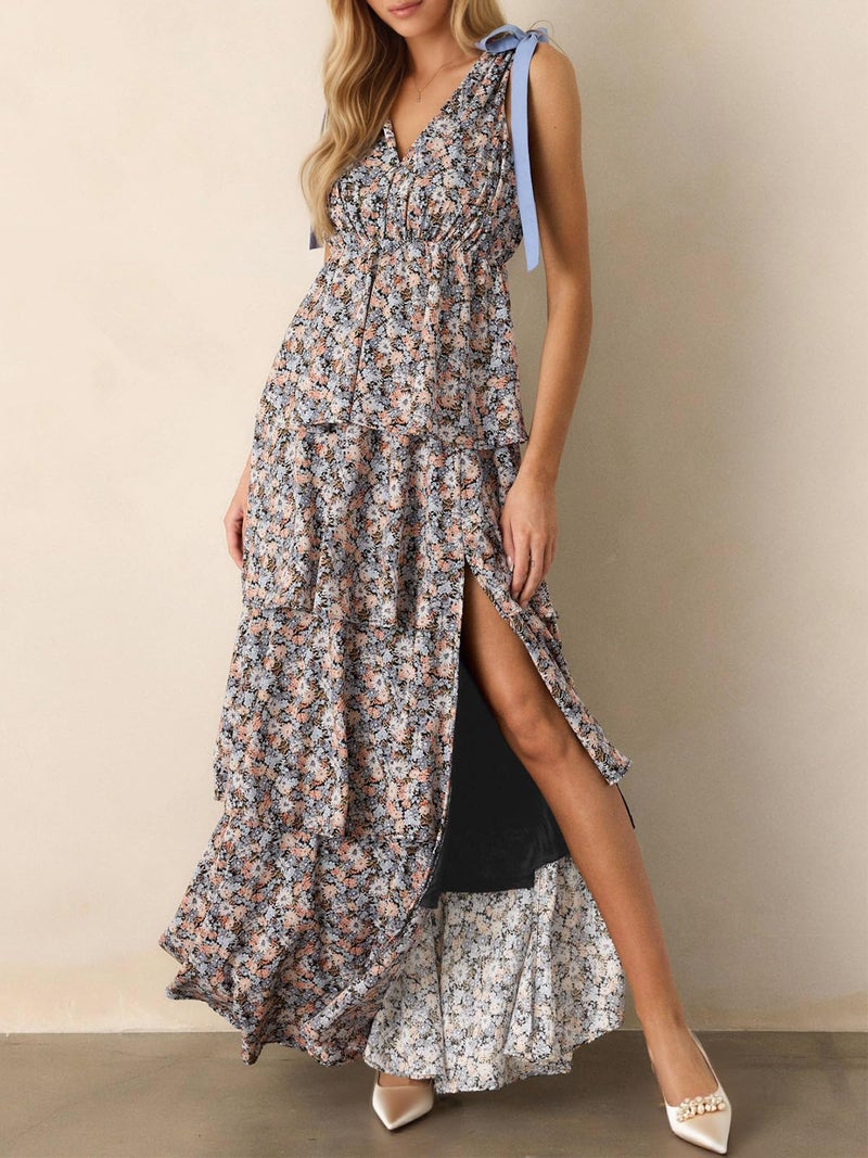 Wenrine Womens Summer Boho Floral Maxi Dress Tie Strap Sleeveless V Neck High Slit Ruffle Tiered Beach Dresses Black - Image 2