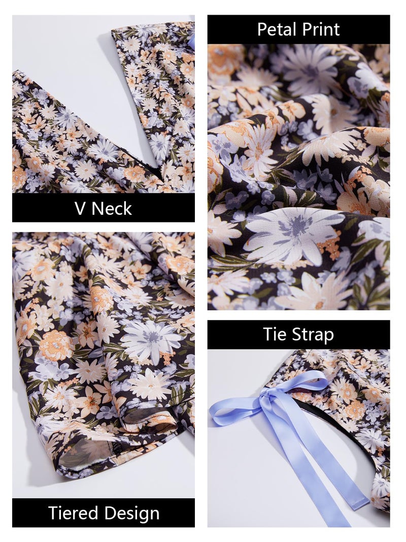 Wenrine Womens Summer Boho Floral Maxi Dress Tie Strap Sleeveless V Neck High Slit Ruffle Tiered Beach Dresses Black - Image 5