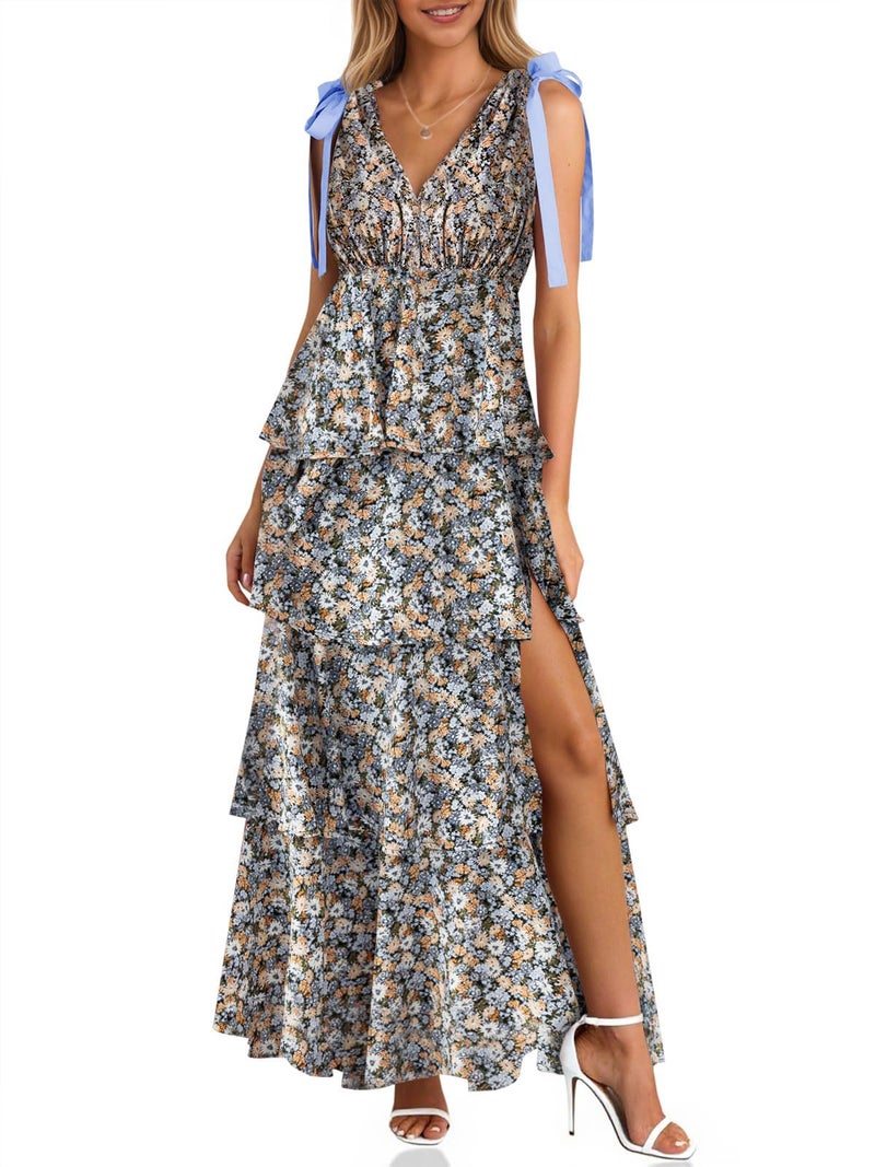 Wenrine Womens Summer Boho Floral Maxi Dress Tie Strap Sleeveless V Neck High Slit Ruffle Tiered Beach Dresses Black - Image 1