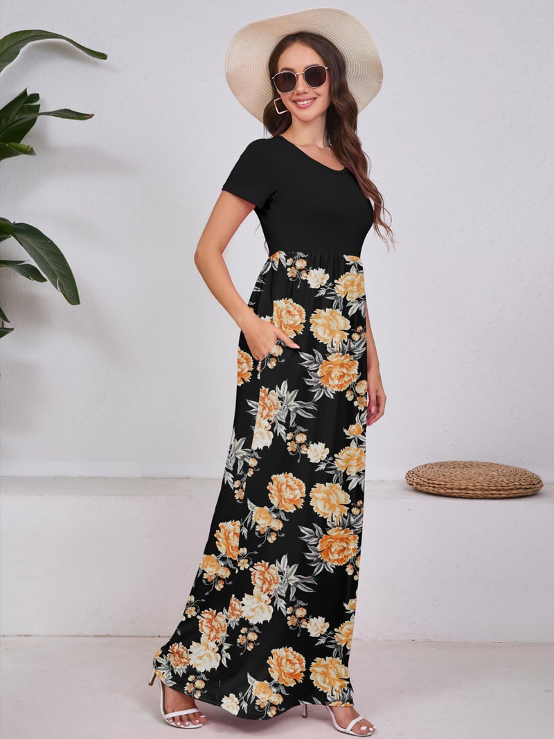 DEARCASE Women Long Maxi Dress Flower Yellow Black Large Crewneck Boho Short Sleeve A-line Casual Hawaiian Flowy Party Vintage Spring Summer Beach Dresses with Pockets - Image 5