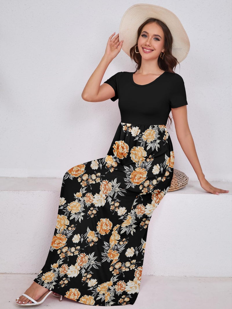 DEARCASE Women Long Maxi Dress Flower Yellow Black Large Crewneck Boho Short Sleeve A-line Casual Hawaiian Flowy Party Vintage Spring Summer Beach Dresses with Pockets - Image 3