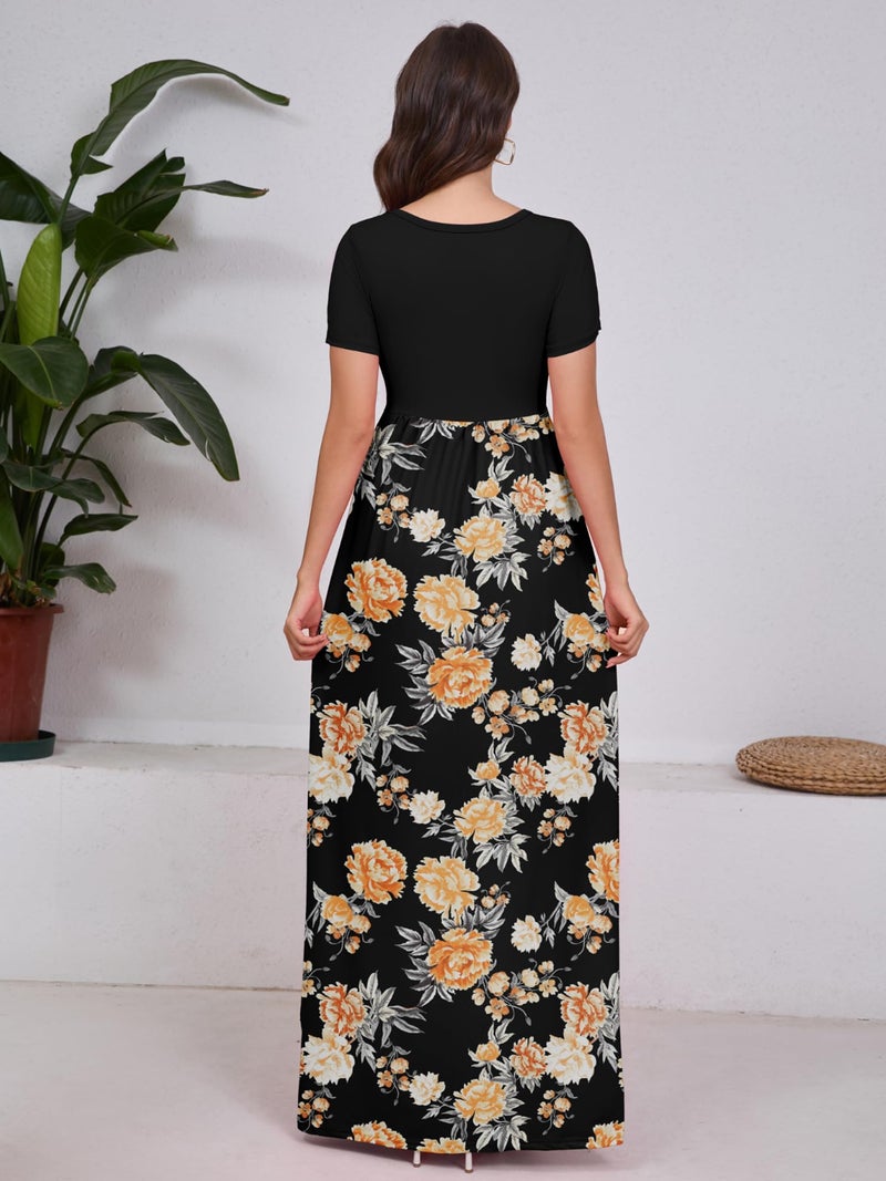 DEARCASE Women Long Maxi Dress Flower Yellow Black Large Crewneck Boho Short Sleeve A-line Casual Hawaiian Flowy Party Vintage Spring Summer Beach Dresses with Pockets - Image 2
