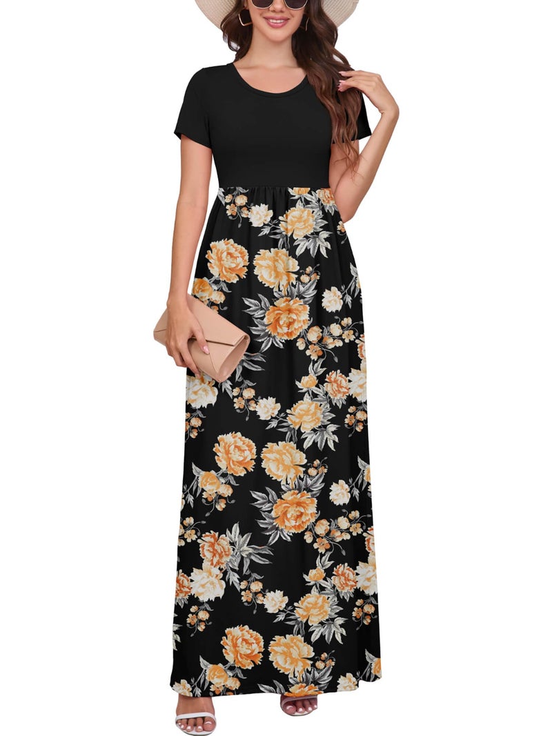 DEARCASE Women Long Maxi Dress Flower Yellow Black Large Crewneck Boho Short Sleeve A-line Casual Hawaiian Flowy Party Vintage Spring Summer Beach Dresses with Pockets - Image 1
