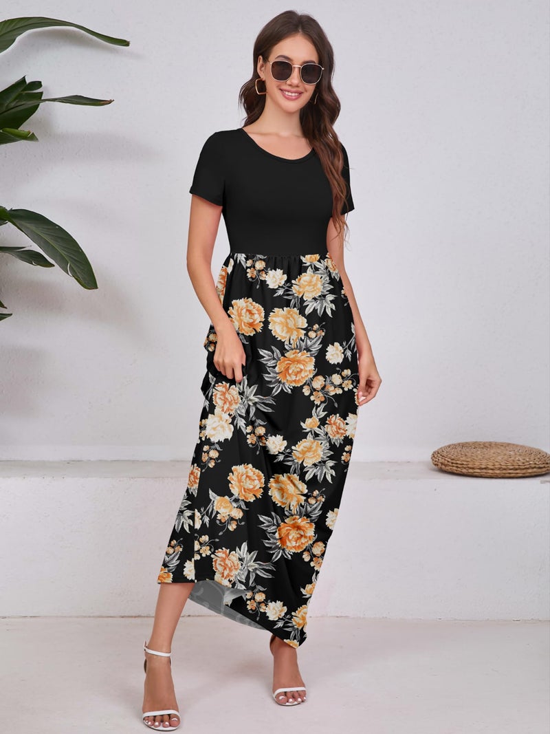DEARCASE Women Long Maxi Dress Flower Yellow Black Large Crewneck Boho Short Sleeve A-line Casual Hawaiian Flowy Party Vintage Spring Summer Beach Dresses with Pockets - Image 4