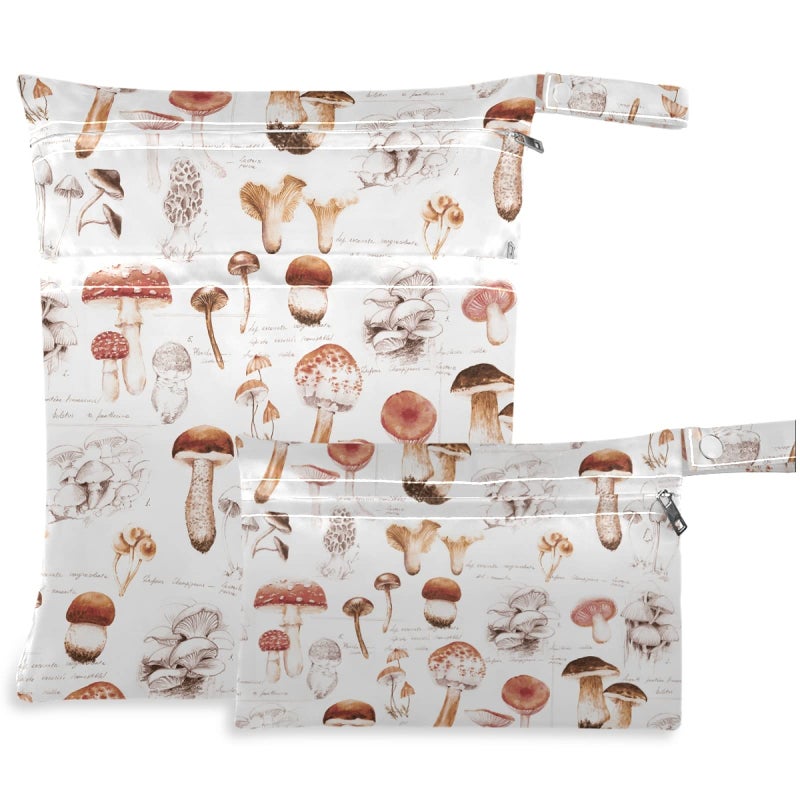 visesunny Hand Drawn Mushroom 2Pcs Wet Bag with Zippered Pockets Washable Reusable Roomy for Travel,Beach,Pool,Daycare,Stroller,Diapers,Dirty Gym Clothes, Wet Swimsuits, Toiletries - Image 1