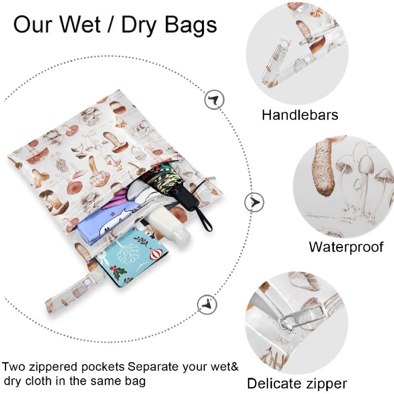 visesunny Hand Drawn Mushroom 2Pcs Wet Bag with Zippered Pockets Washable Reusable Roomy for Travel,Beach,Pool,Daycare,Stroller,Diapers,Dirty Gym Clothes, Wet Swimsuits, Toiletries - Image 5