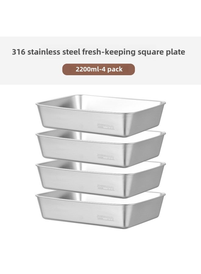316 Stainless Steel Preservation Box Fruit Box Lunch Box Refrigerator Sealed Box Thickened Finishing Storage Box Freezer Box-Specifications:2200ml-4 Piece Set [without Cap]  - Image 1
