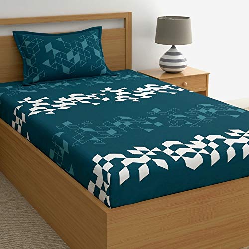 Dreamscape 100% Cotton Single Bedsheet with 1 Pillow Cover - (Size 59 x 88 inches, 140 TC, Colour - Teal Blue) - Image 1