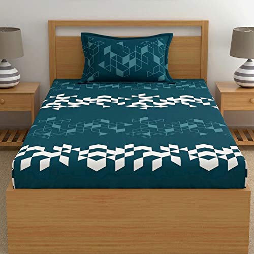Dreamscape 100% Cotton Single Bedsheet with 1 Pillow Cover - (Size 59 x 88 inches, 140 TC, Colour - Teal Blue) - Image 2