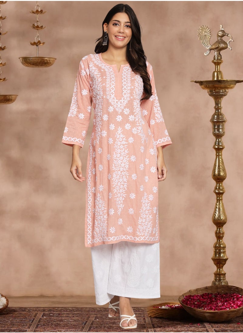 Alaya - Women  Floral Embroidered Chikankari Cotton kurta-AL3679 - Image 1