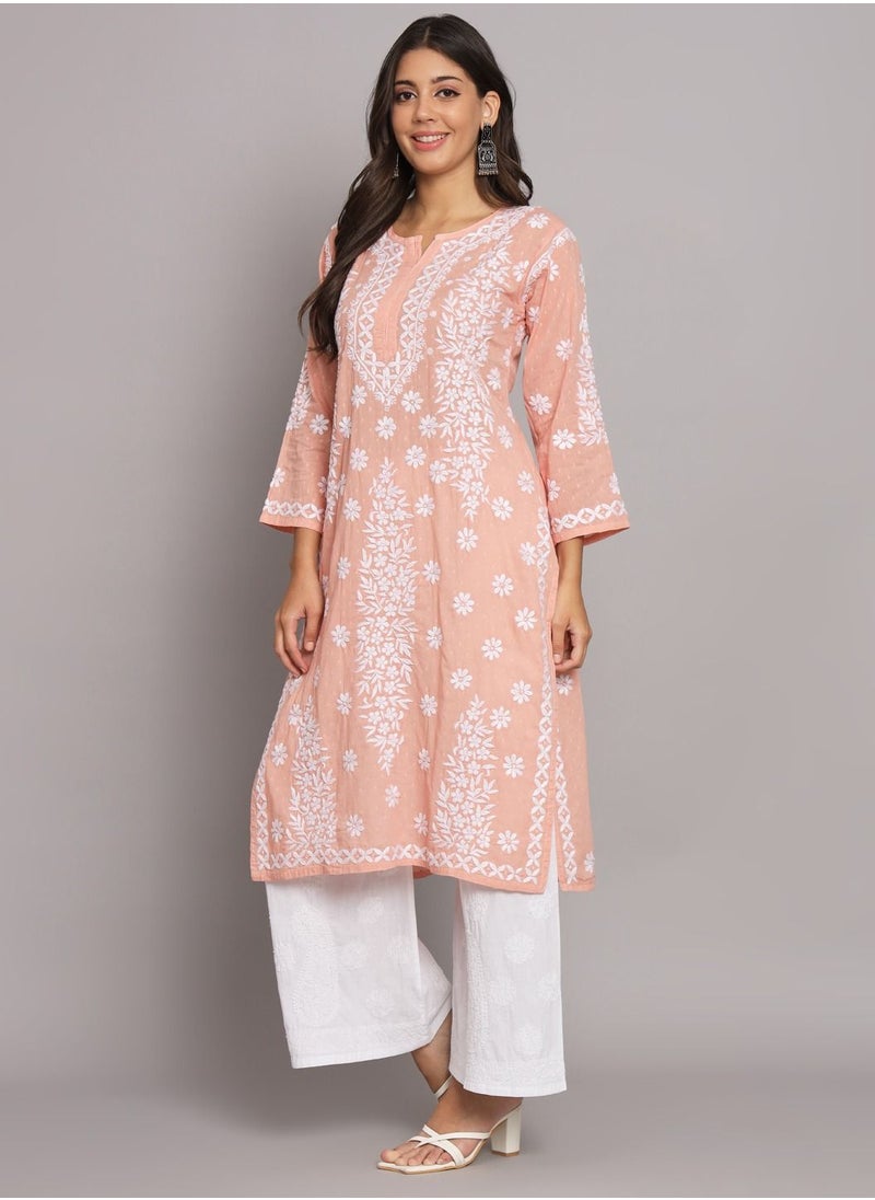Alaya - Women  Floral Embroidered Chikankari Cotton kurta-AL3679 - Image 1