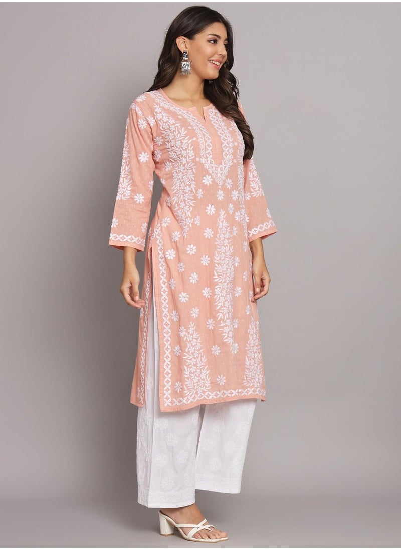 Alaya - Women  Floral Embroidered Chikankari Cotton kurta-AL3679 - Image 1