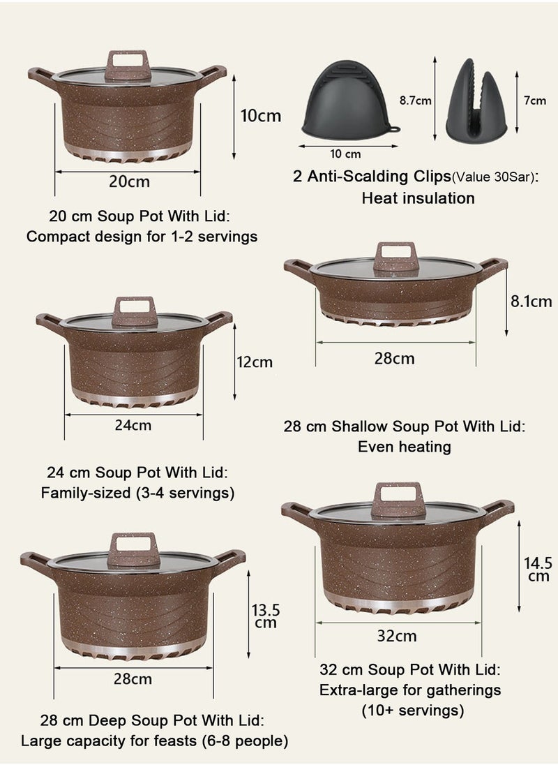 X spring 12-Piece Nonstick Cookware Set, 20-24-28-32cm Deep Stockpots + 28cm Shallow Stockpot with Glass Lids & 2 Anti-Scalding Clips, PFOA-Free Kitchen Set (Brown)  - Image 2