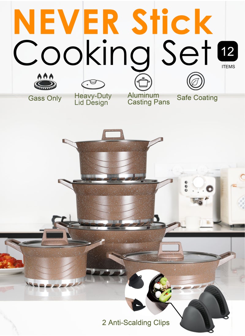 X spring 12-Piece Nonstick Cookware Set, 20-24-28-32cm Deep Stockpots + 28cm Shallow Stockpot with Glass Lids & 2 Anti-Scalding Clips, PFOA-Free Kitchen Set (Brown)  - Image 1