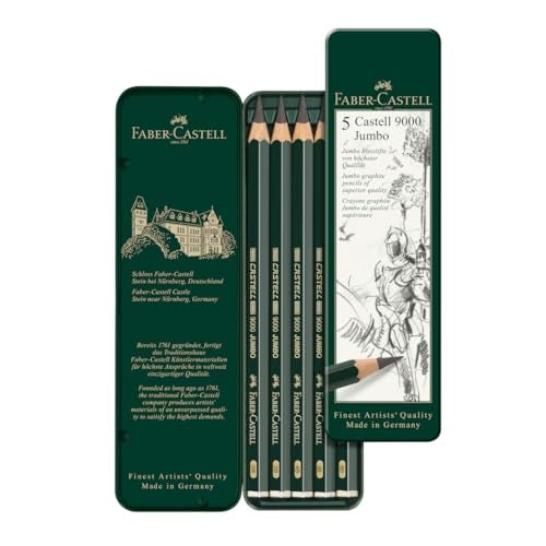 Faber-Castell 5 Piece Quality Castell 9000 Jumbo Graphite Pencils in a Tin, Including HB, 2B, 4B, 6B and 8B,Black - Image 1