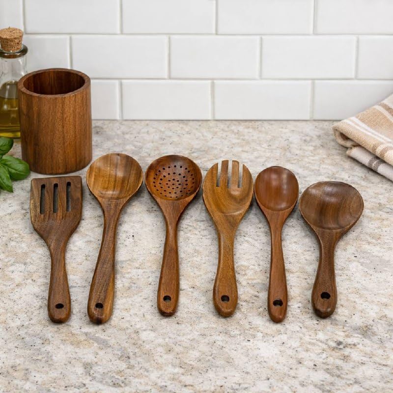 7 Piece Wooden Kitchen Utensil Set with Stand, Natural Wooden Spoons and Spatulas for Non - Stick Cookware