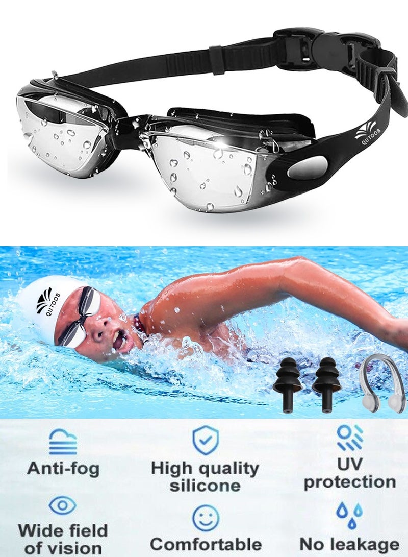 QUTOOB Swimming Goggles For Men Women And Professional Swimmers and Divers, Waterproof Swim Goggles, Wide View Swim Goggle Anti Fog UV Protection Swimming Glasses With Nose Clips, Earplugs and Storage Box  - Image 1