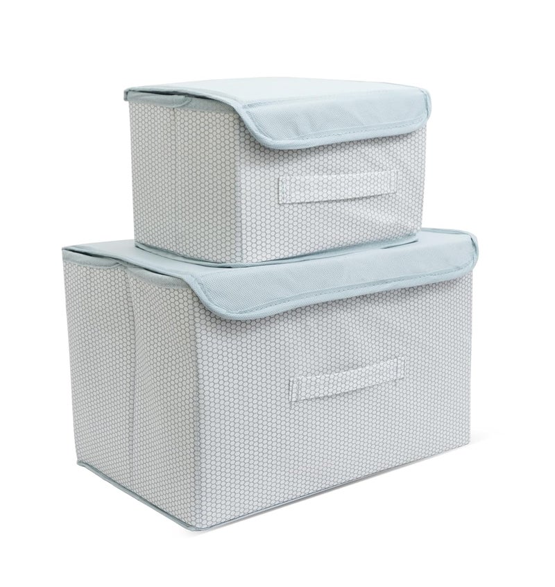 QUAIL Non Woven Big and Small Storage Box Wardrobe Closet Organizer Foldable Stackable BasketBins with Lid and Handle Grey Set of 2 - Image 1