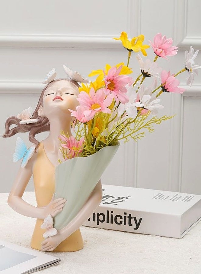 فاشون هوم مزهرية زخرفية أنيقة من الفن الحديث تتميز بامرأة هادئة تحتضن باقة من الزهور الاصطناعية والفراشات الربيعية - منحوتة سطحية جمالية للمنزل أو المكتب أو ديكور الاستوديو 20 × 30 سم. - Image 1
