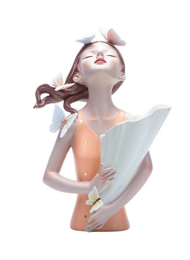 فاشون هوم مزهرية زخرفية أنيقة من الفن الحديث تتميز بامرأة هادئة تحتضن باقة من الزهور الاصطناعية والفراشات الربيعية - منحوتة سطحية جمالية للمنزل أو المكتب أو ديكور الاستوديو 20 × 30 سم. - Image 2