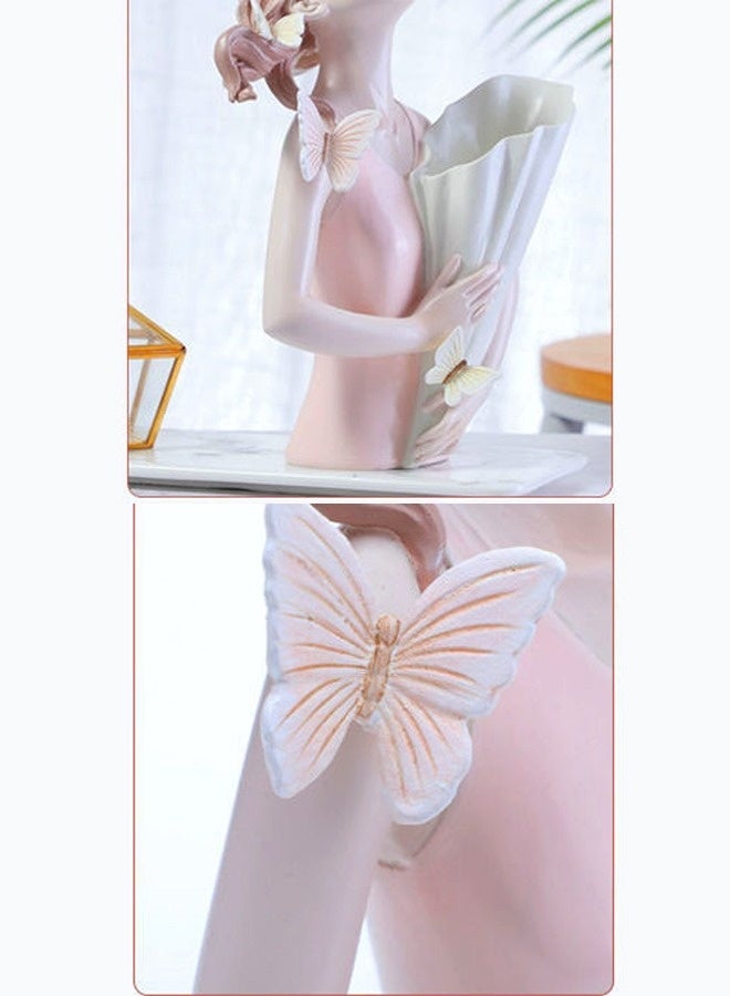 فاشون هوم مزهرية زخرفية أنيقة من الفن الحديث تتميز بامرأة هادئة تحتضن باقة من الزهور الاصطناعية والفراشات الربيعية - منحوتة سطحية جمالية للمنزل أو المكتب أو ديكور الاستوديو 20 × 30 سم. - Image 3