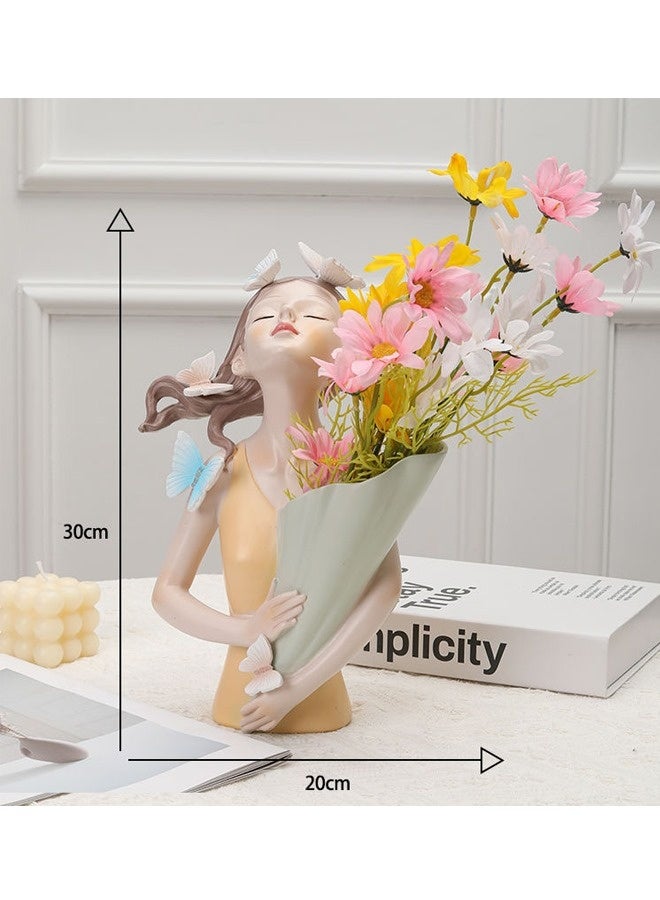 فاشون هوم مزهرية زخرفية أنيقة من الفن الحديث تتميز بامرأة هادئة تحتضن باقة من الزهور الاصطناعية والفراشات الربيعية - منحوتة سطحية جمالية للمنزل أو المكتب أو ديكور الاستوديو 20 × 30 سم. - Image 4